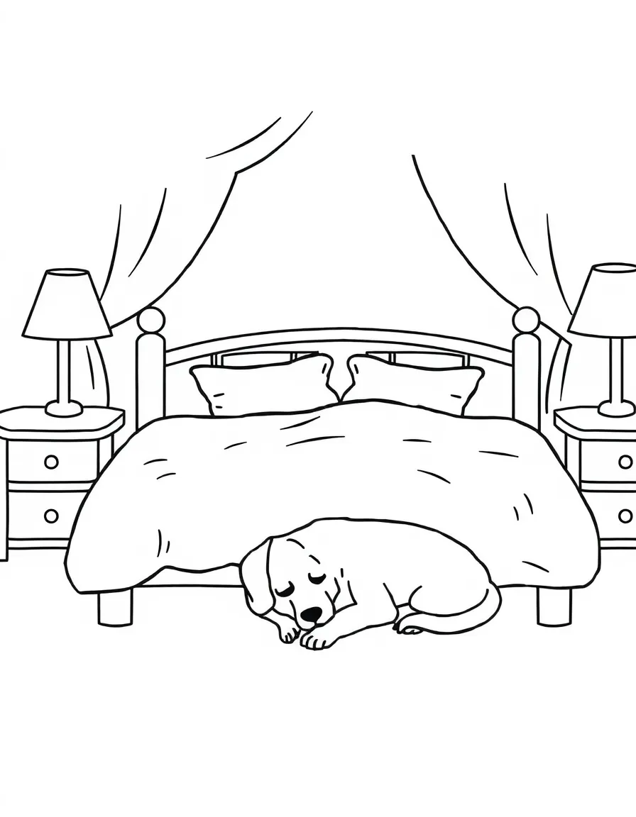 A cozy bed with a warm dog sleeping at the foot.