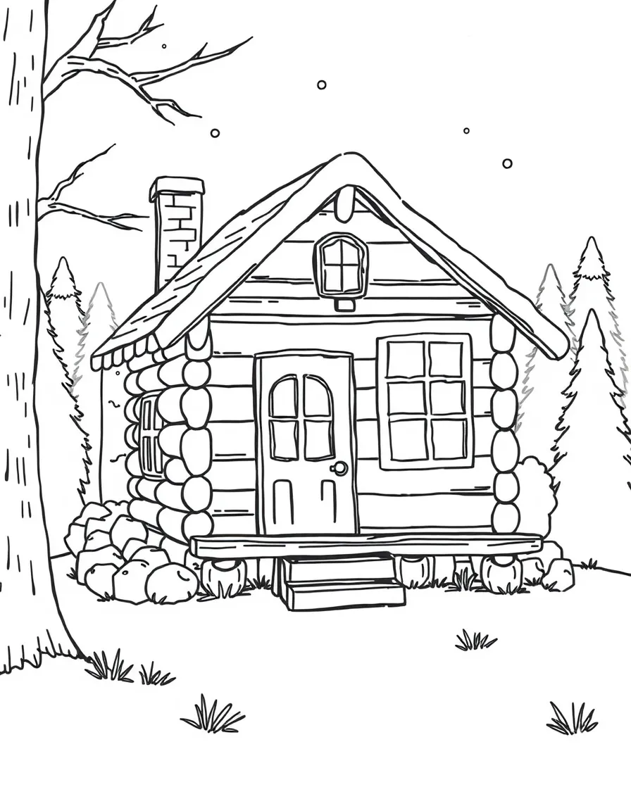A cozy cabin with a warm glow from the windows.