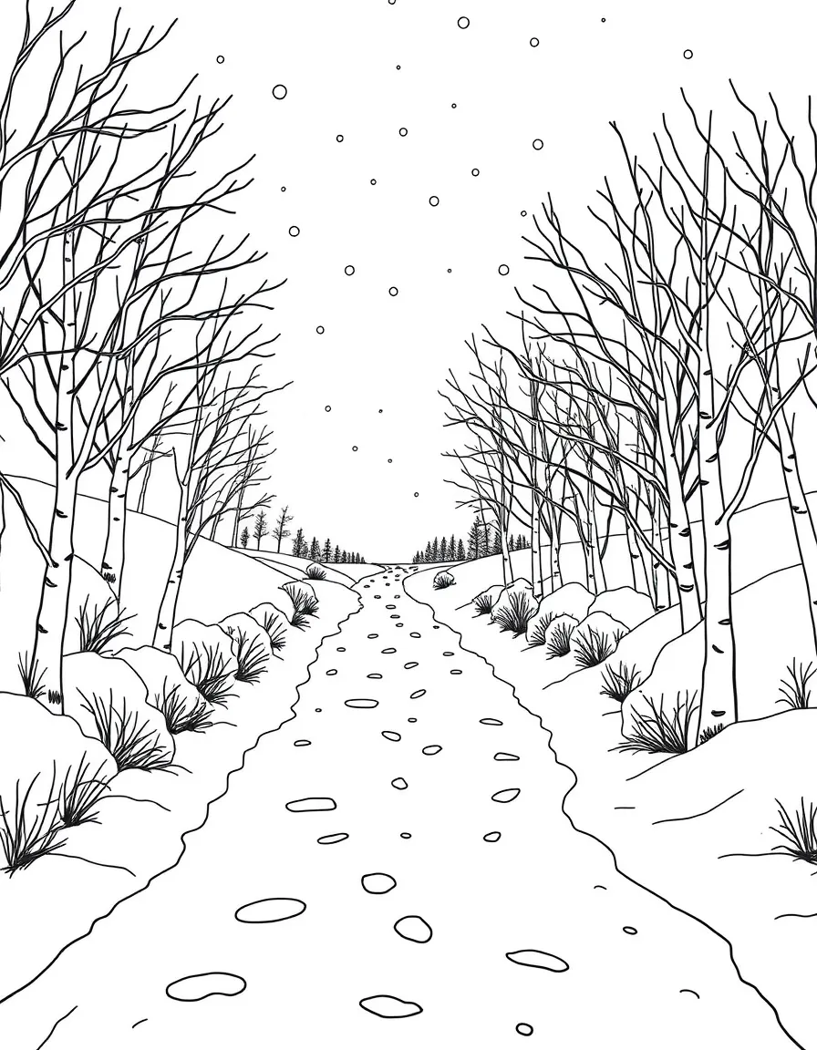A winter wonderland with a path leading into the distance.