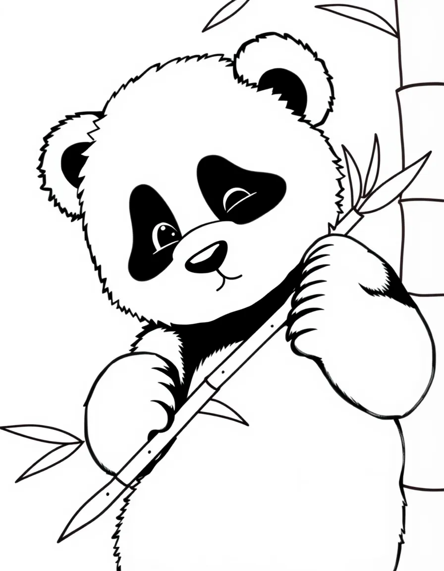A shy panda holding a bamboo stalk.