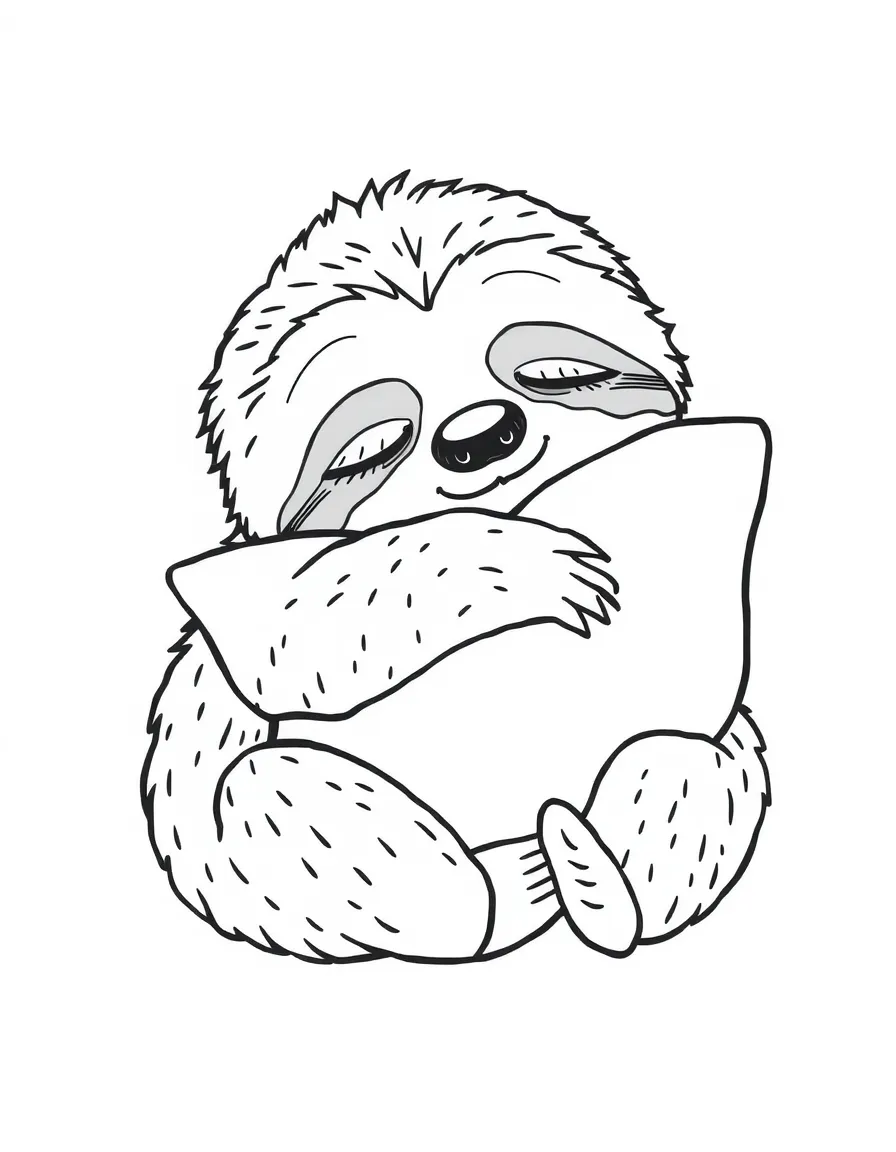 A sleepy sloth hugging a pillow.