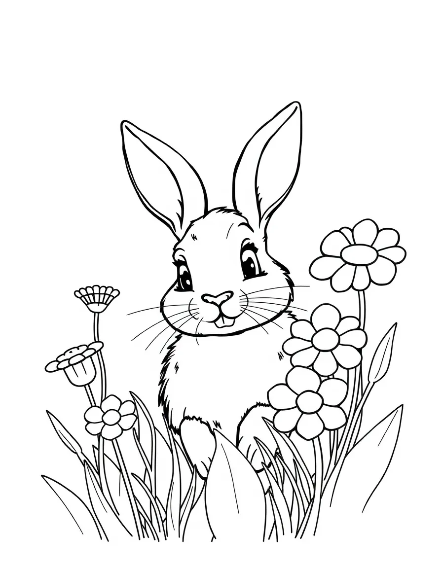 A curious bunny peeking from flowers.