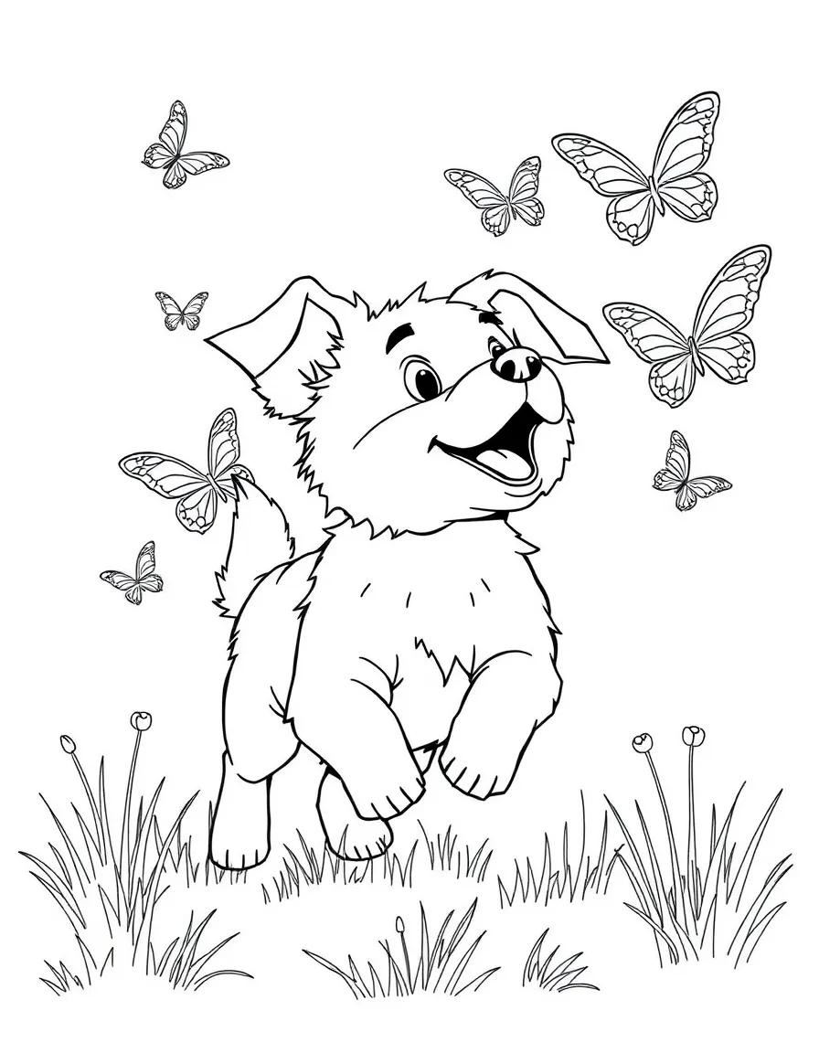 A playful dog chasing butterflies.
