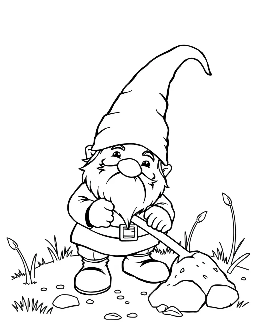 A happy gnome digging.