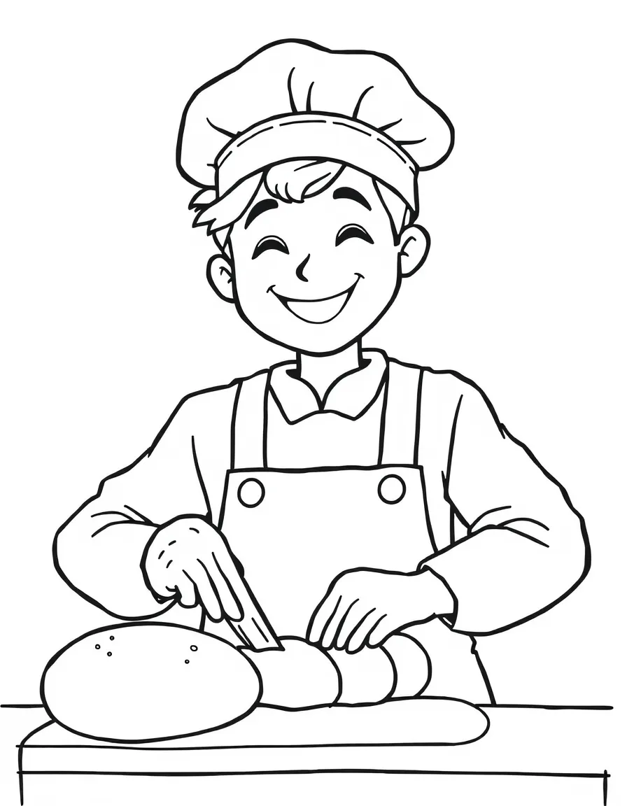 A smiling baker baking.
