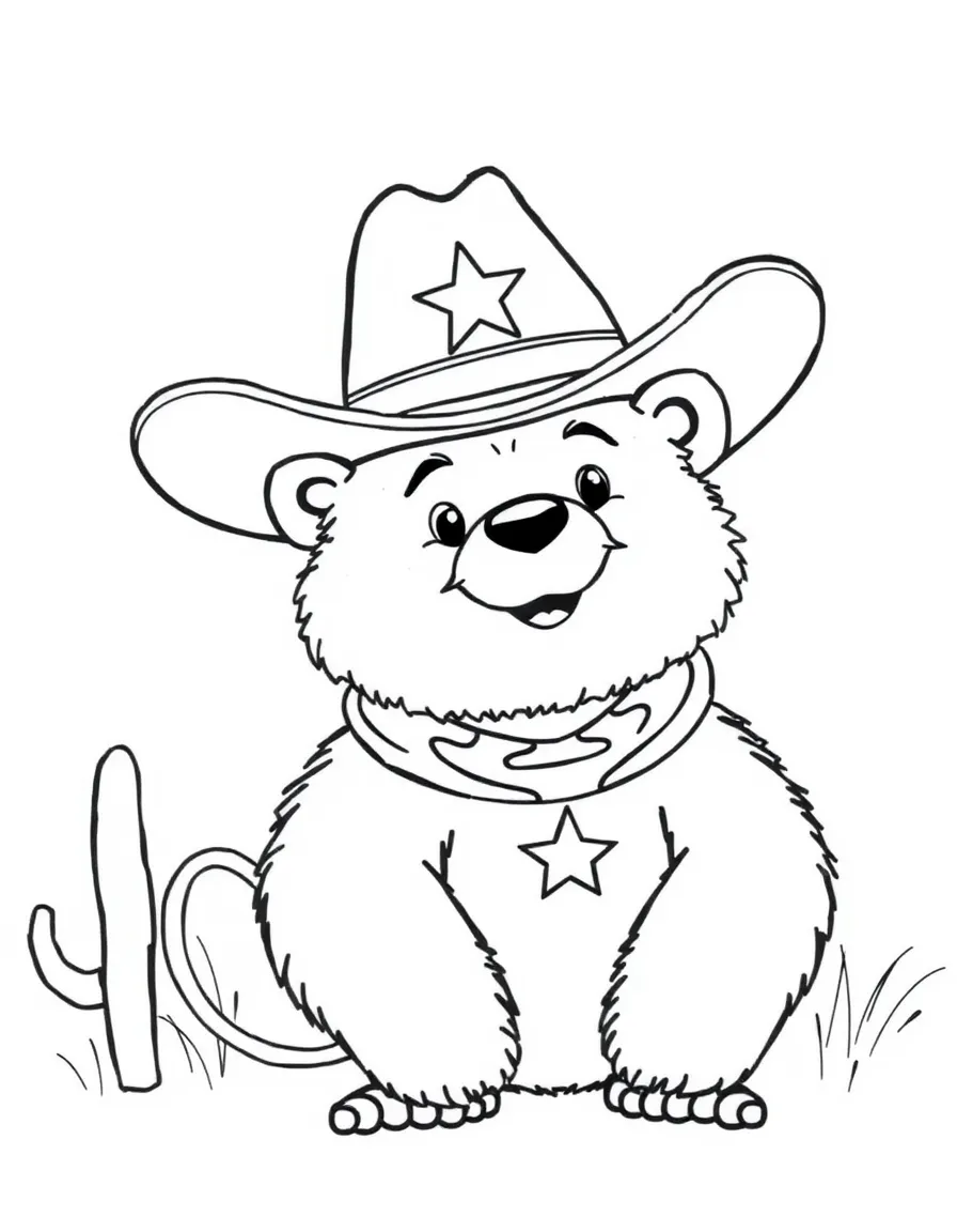 A friendly bear wearing a cowboy hat in Texas, with a lasso.