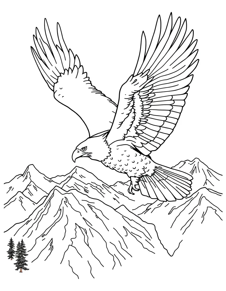 A majestic bald eagle soaring over mountains in Alaska.