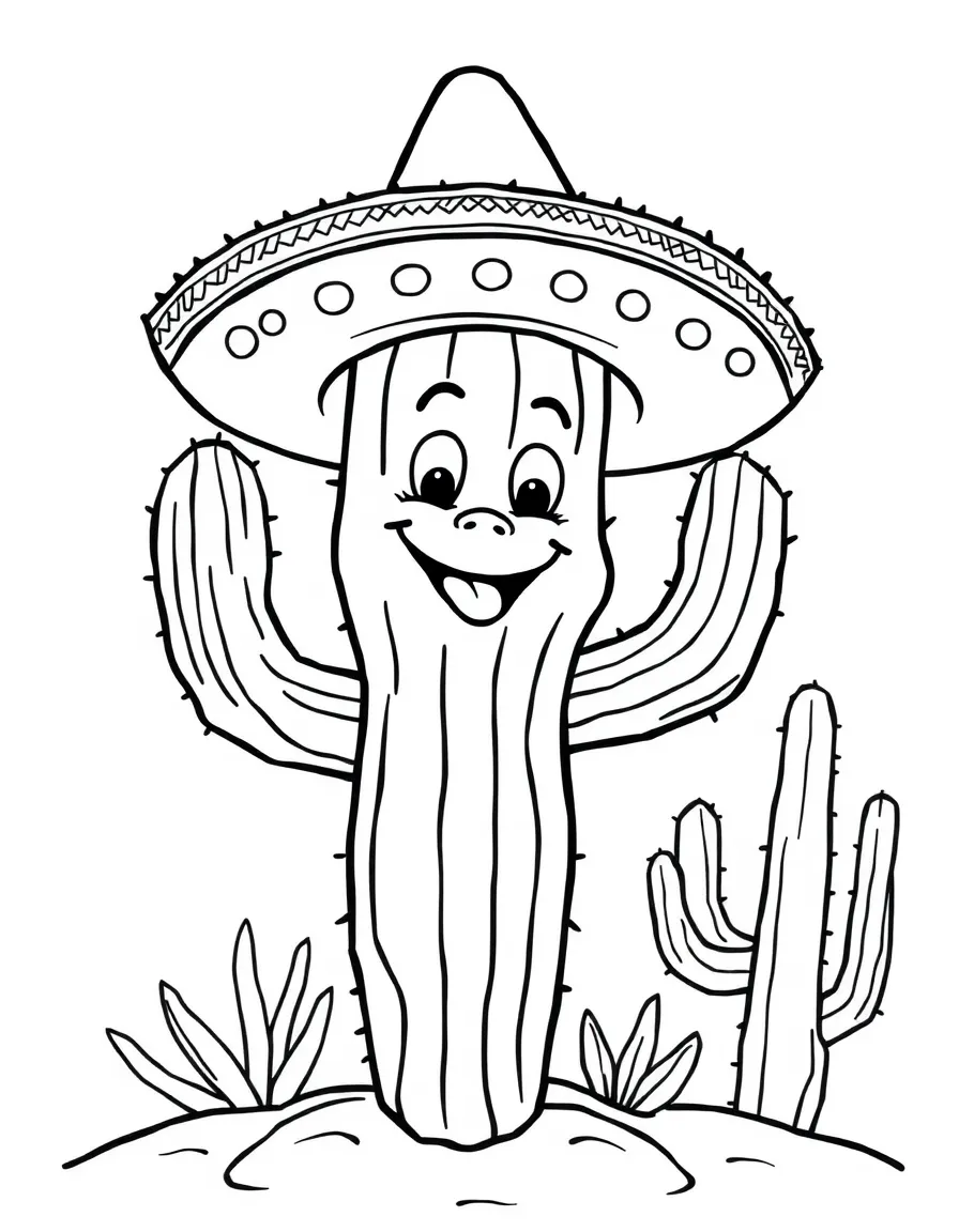 A smiling saguaro cactus with arms, wearing a sombrero in Arizona.