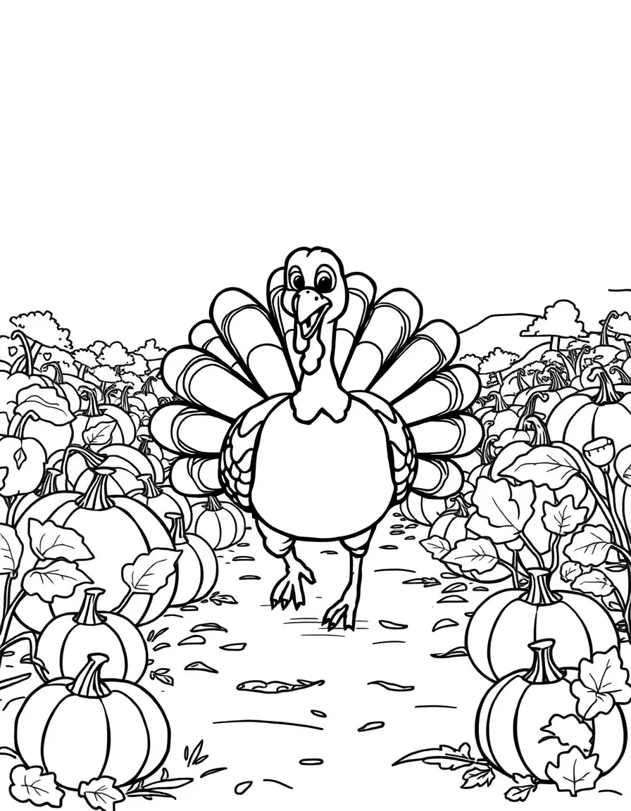 A cute turkey running through a pumpkin patch in Vermont.