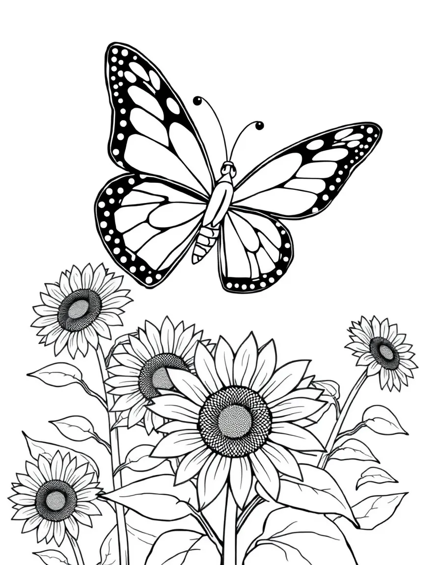 A cheerful butterfly flying over sunflowers in Kansas.