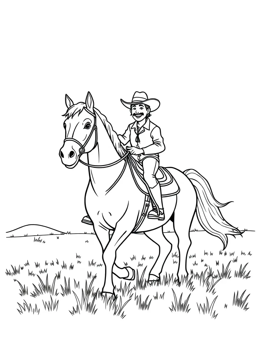 A happy horse with a cowboy, riding through a field in Kentucky.