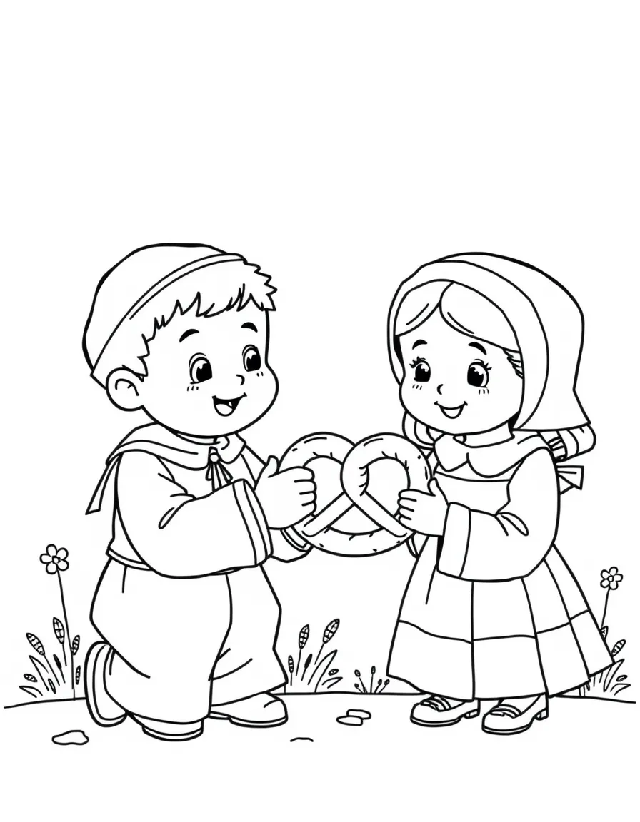 A little Quaker boy and girl sharing a pretzel in Pennsylvania.