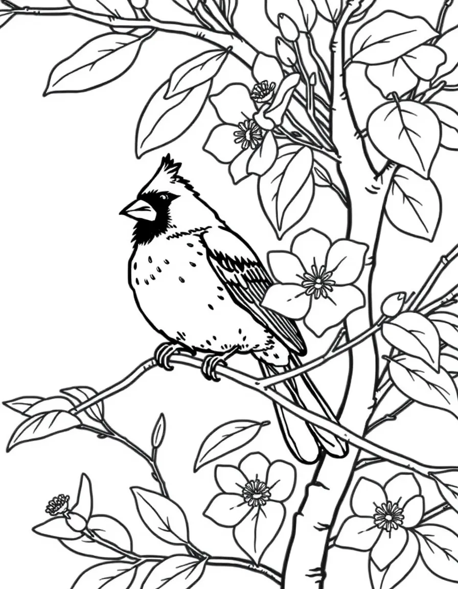 A cute cardinal singing on a dogwood tree in Virginia.