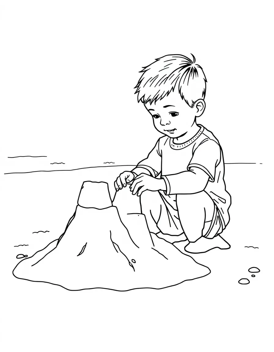 A little boy building a sandcastle on a beach in Delaware.