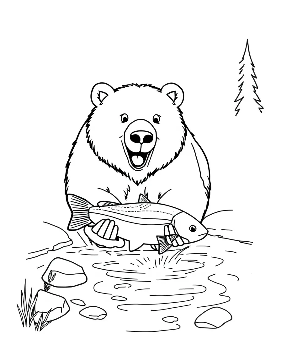 A happy bear catching a fish in a stream in Alaska.
