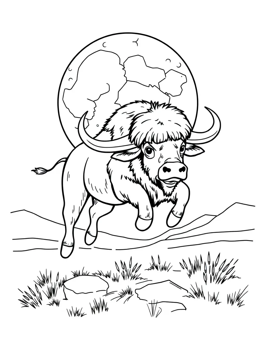 A bubbly buffalo jumping over the moon in Wyoming.
