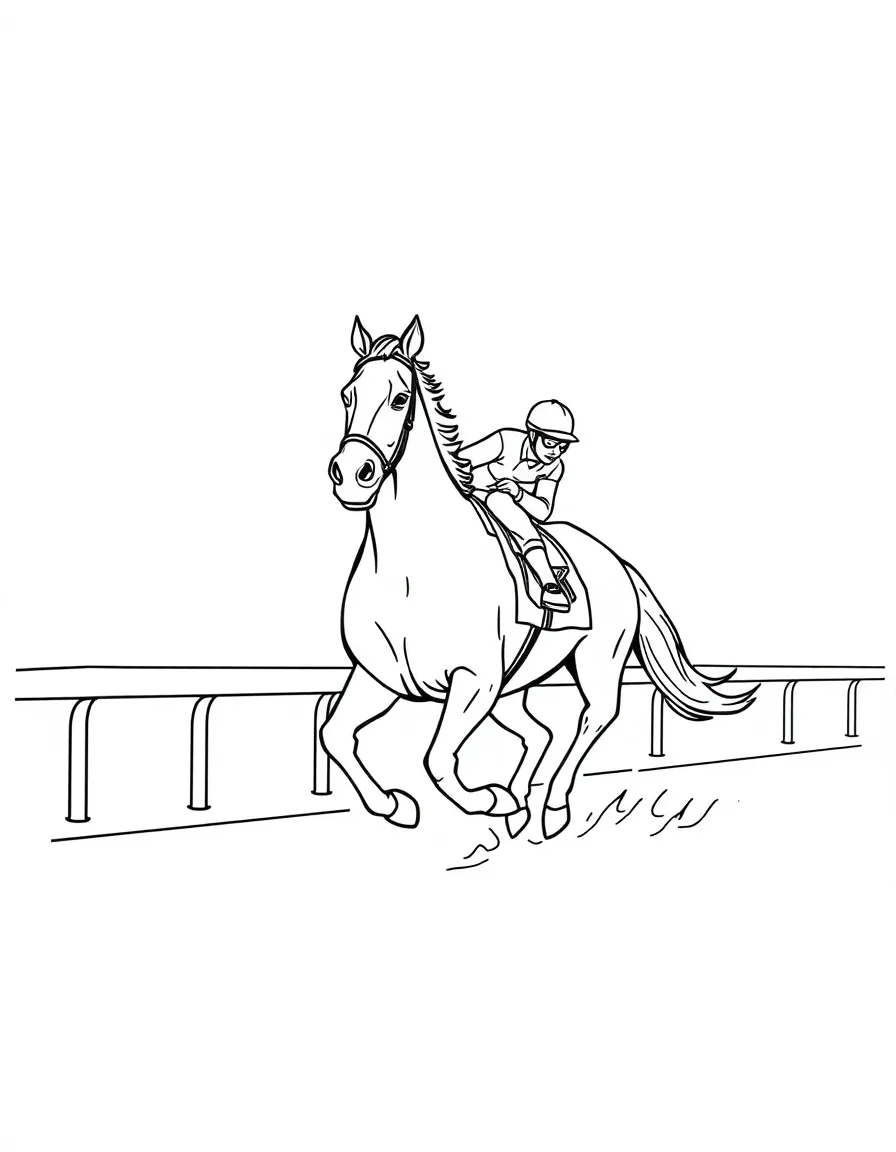 A happy horse with a jockey, racing on a track in Kentucky.