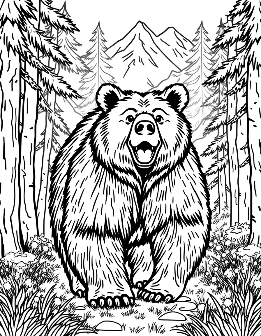 A happy grizzly bear walking through a forest in Montana.