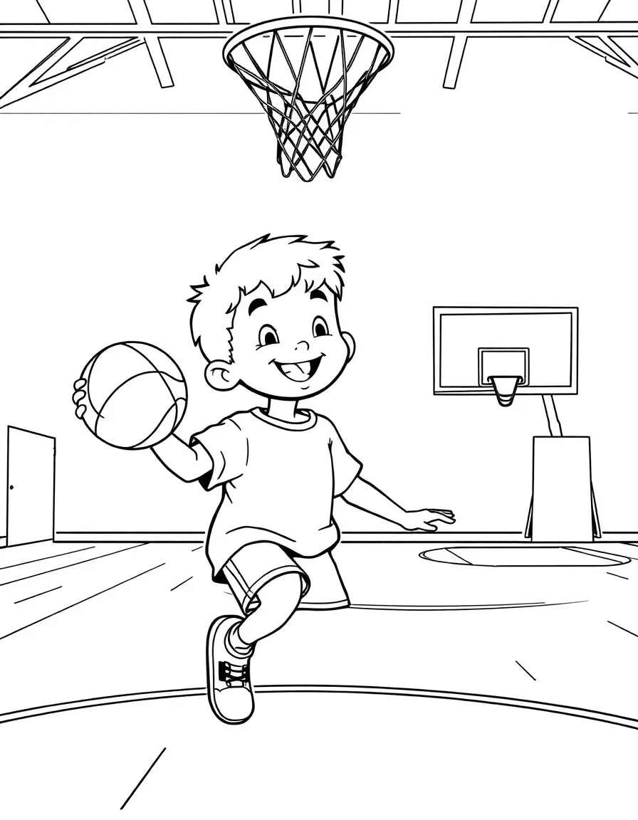 A cheerful little boy playing basketball in a gym in Indiana.