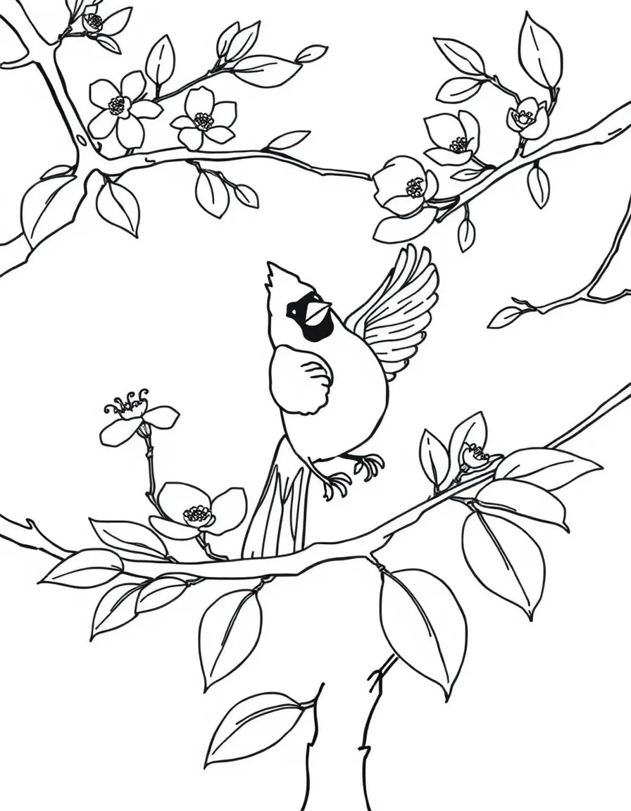A cute cardinal flying through a dogwood tree in Virginia.
