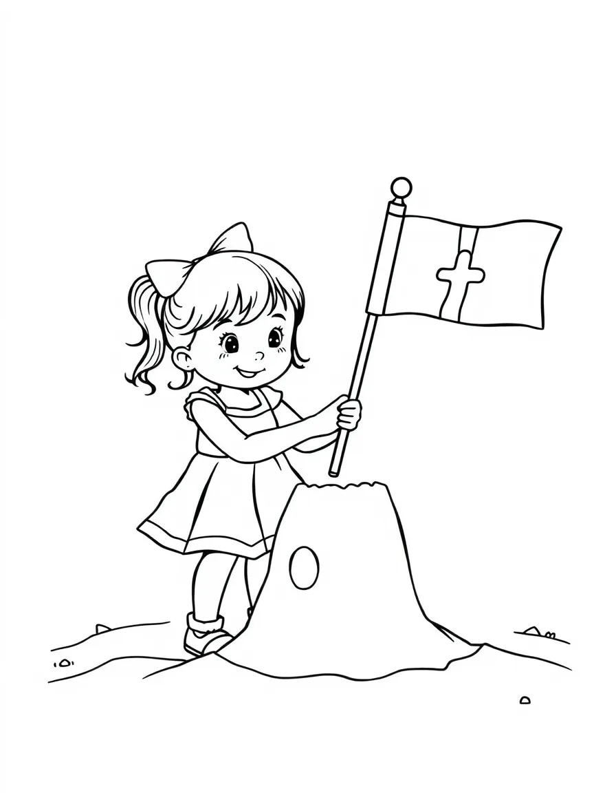 A little girl building a sandcastle with a flag in Delaware.