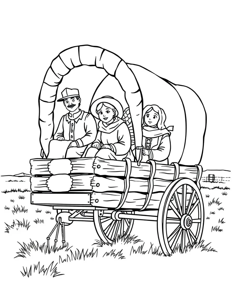 A brave pioneer family in a covered wagon in Nebraska.