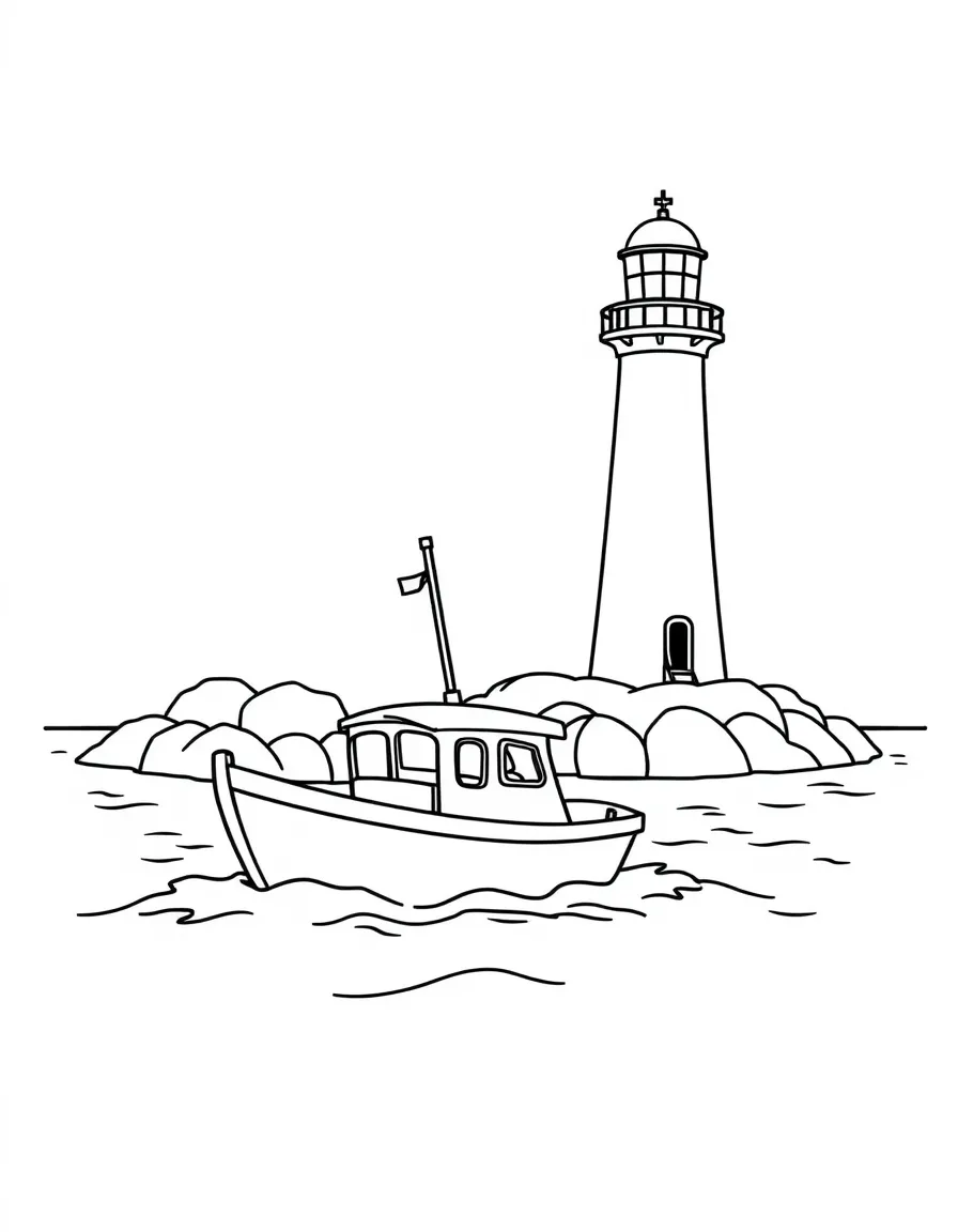A cute little boat sailing by a lighthouse in Rhode Island.