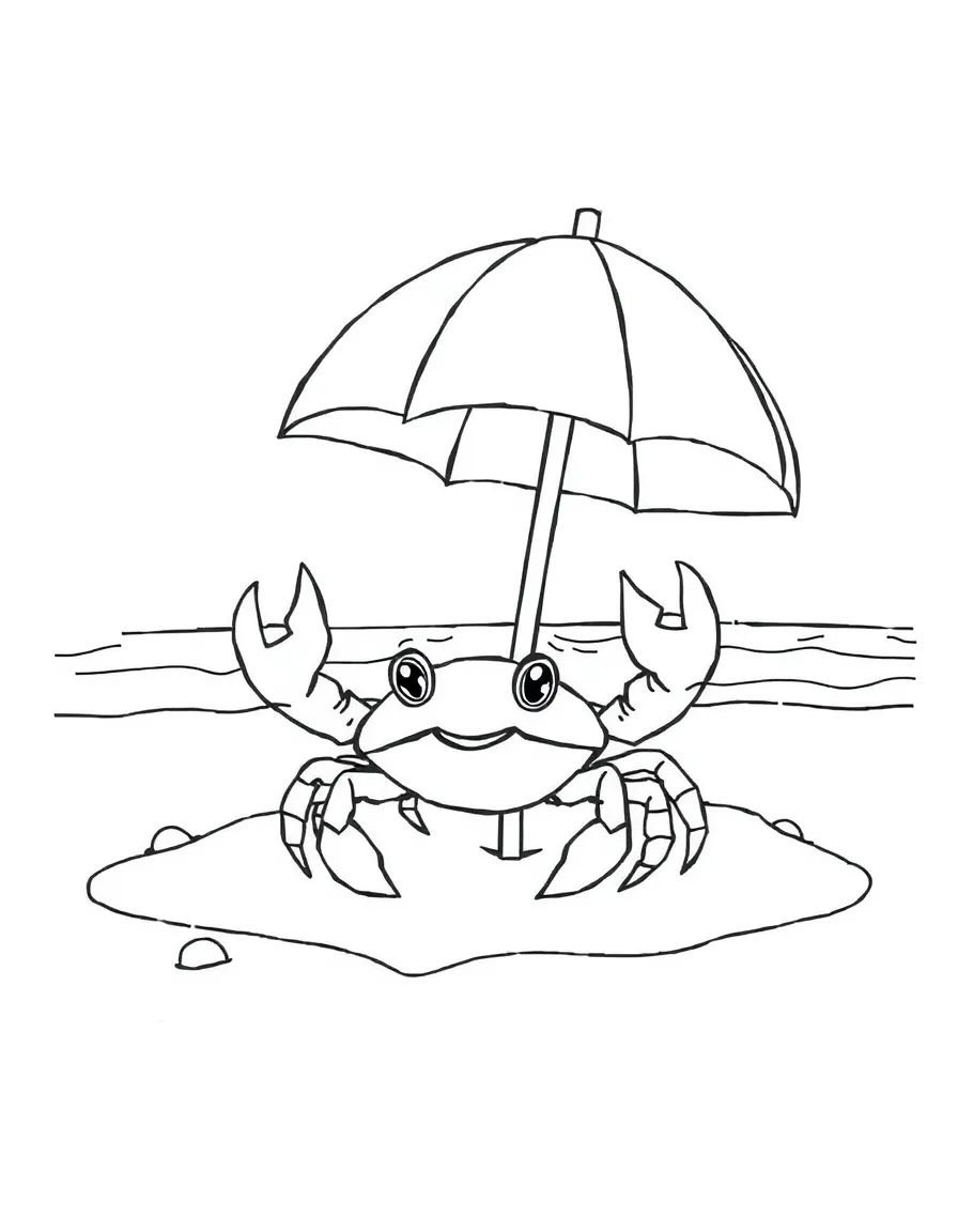 A little crab on a beach with an umbrella in South Carolina.