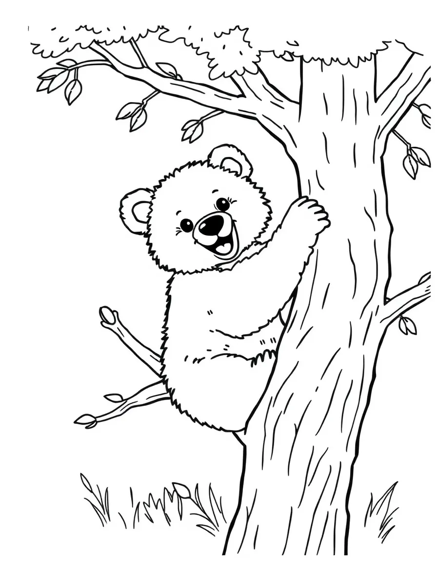 A happy bear cub playing in a tree in Alaska.