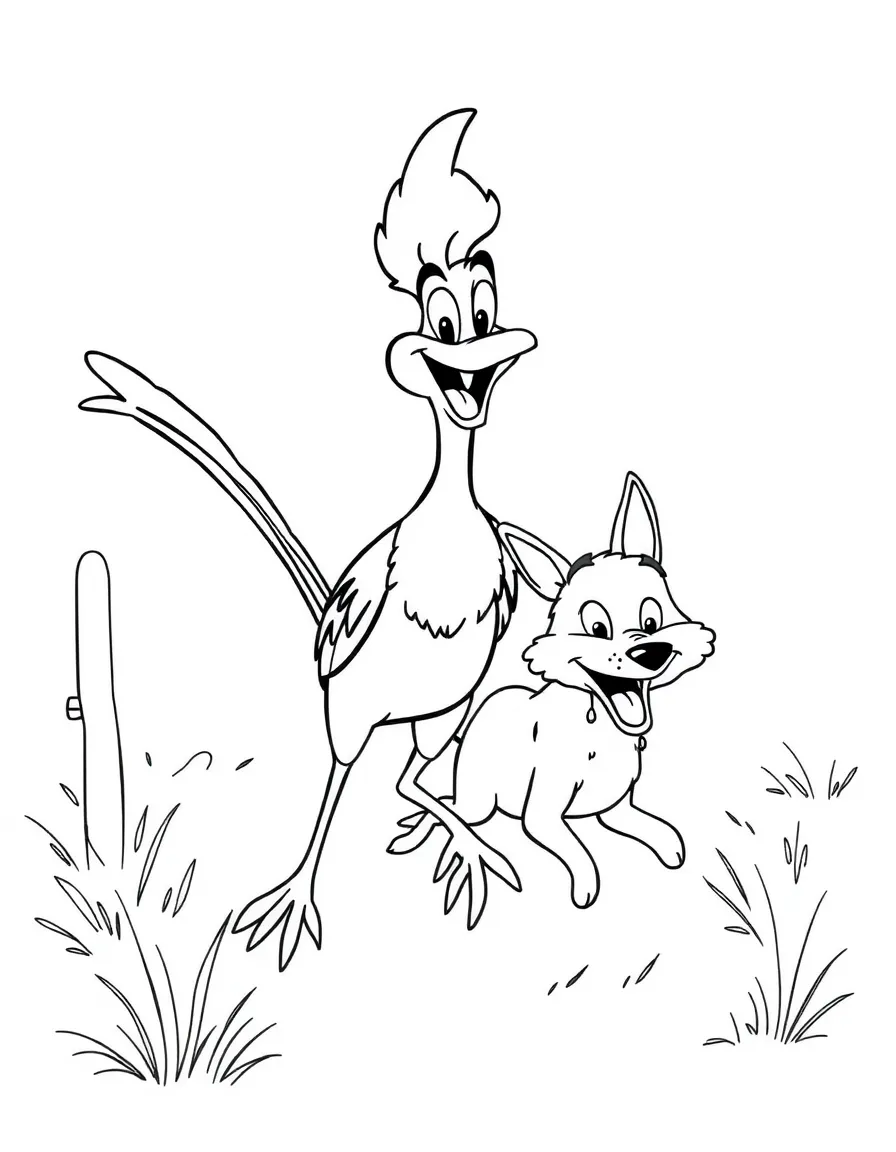 A smiling roadrunner chasing a coyote in Arizona.