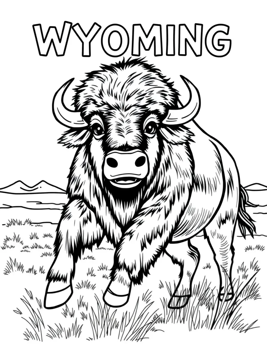 A bubbly bison galloping across a plain in Wyoming.