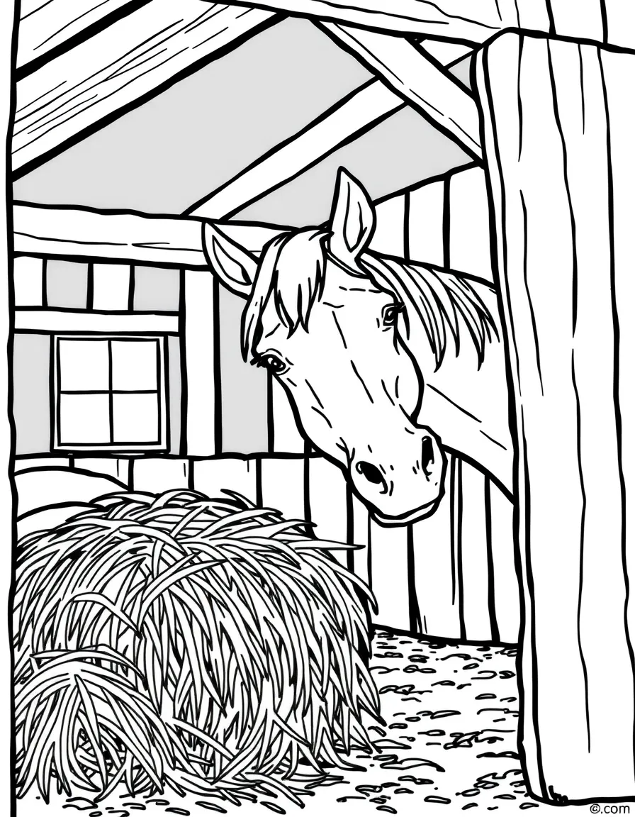 A happy horse eating hay in a barn in Kentucky.