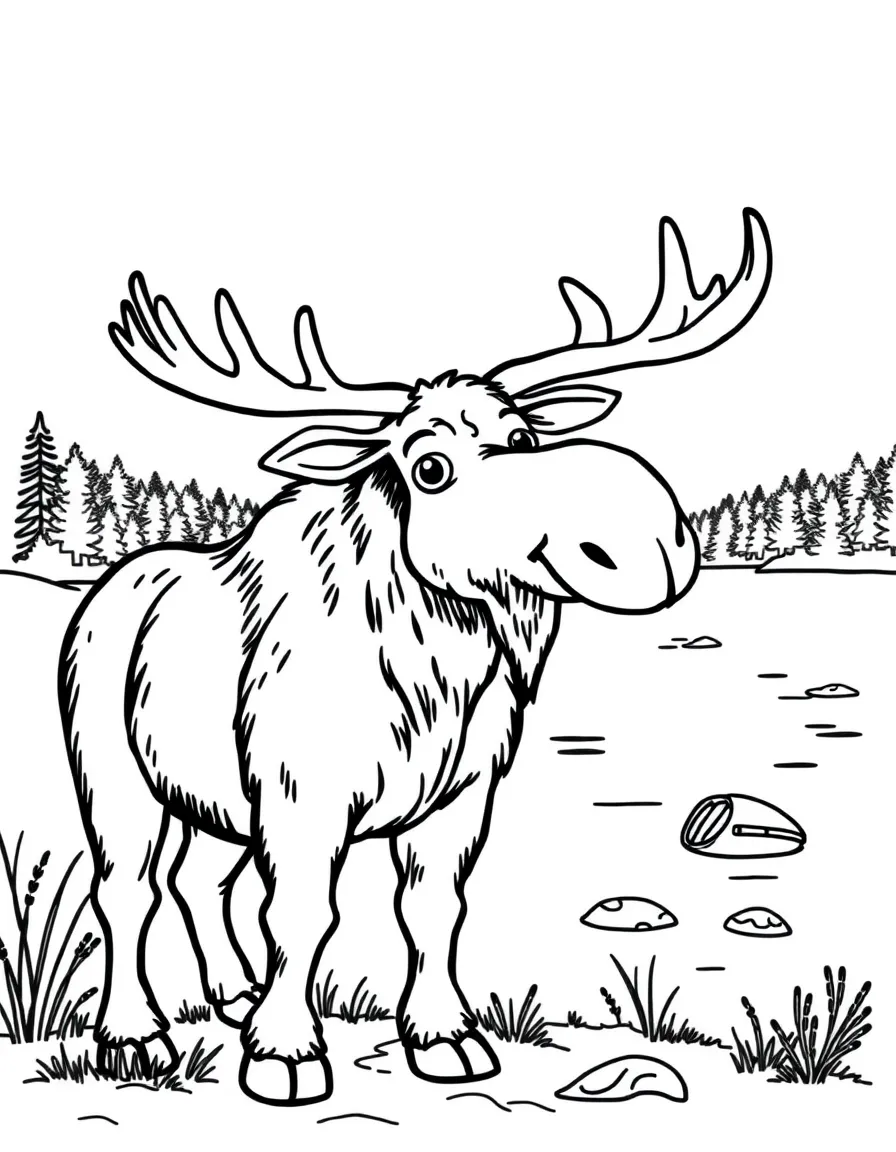 A friendly moose standing by a lake in New Hampshire.