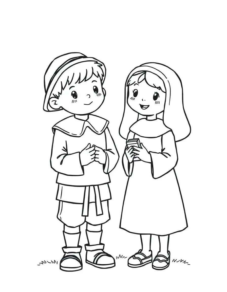 A little Pilgrim boy and girl giving thanks in Massachusetts.