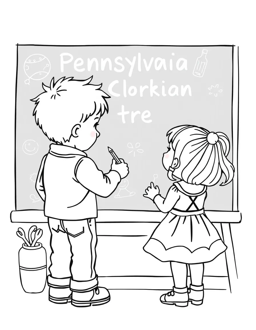 A little boy and girl drawing on a blackboard in Pennsylvania.
