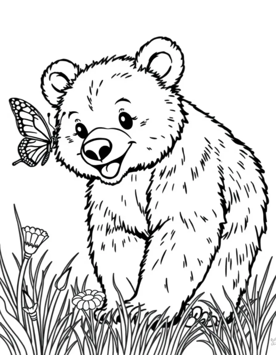A happy grizzly bear cub playing with a butterfly in Montana.