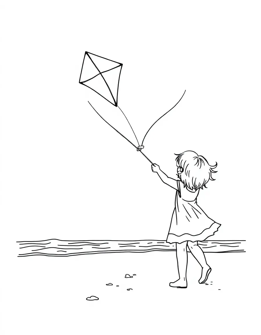 A little girl flying a kite on the beach in Delaware.