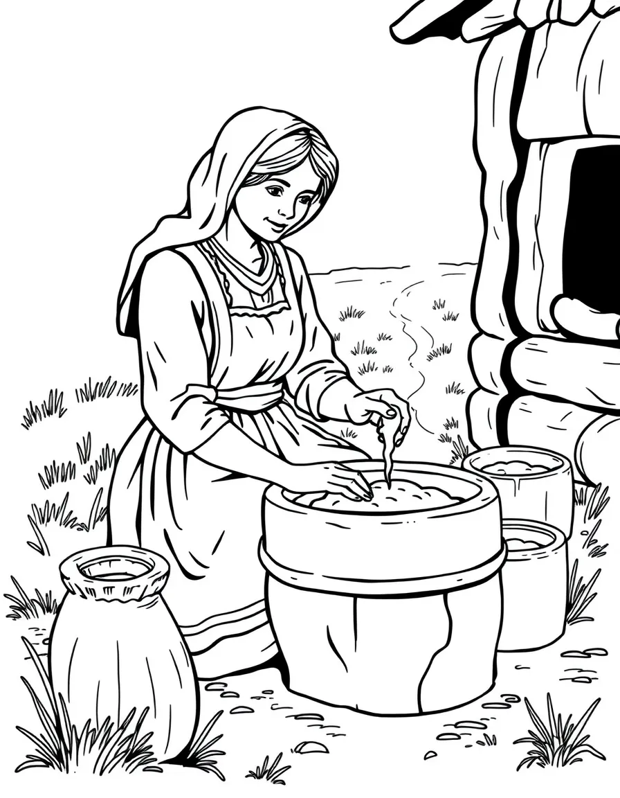 A brave pioneer woman churning butter in Nebraska.