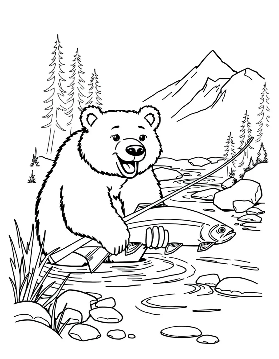 A happy bear fishing for salmon in a stream in Alaska.