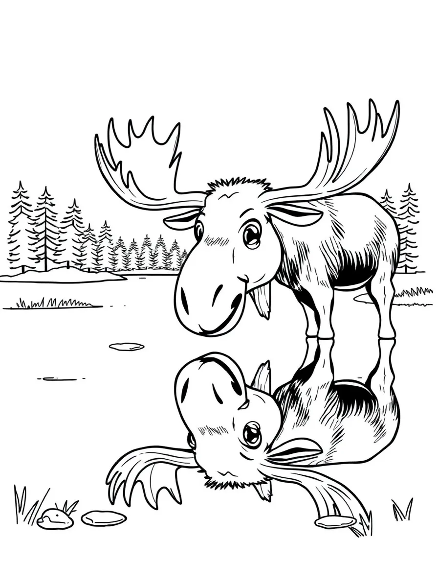 A friendly moose looking at its reflection in a lake in New Hampshire.