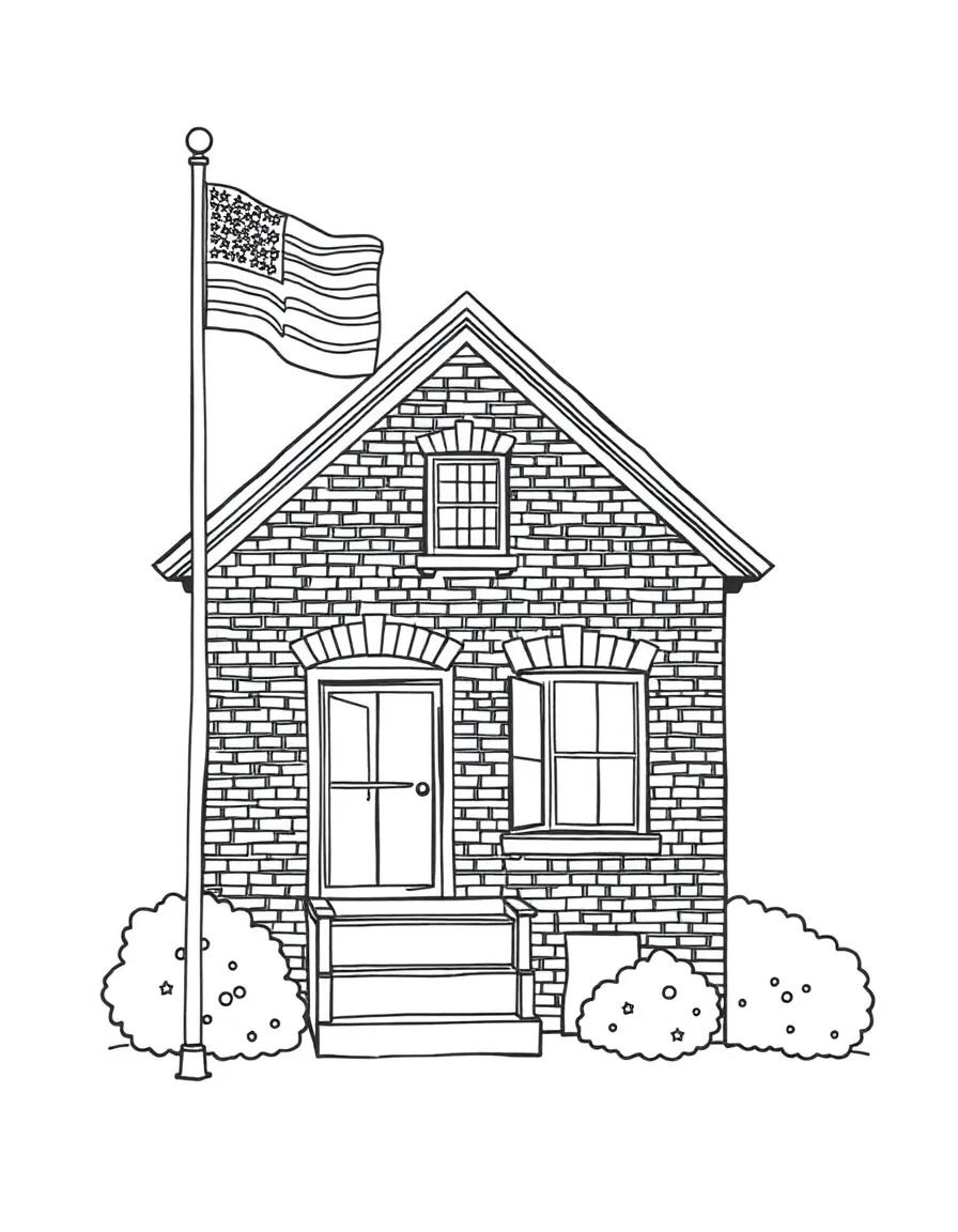 A little red brick building with an American flag in Massachusetts.