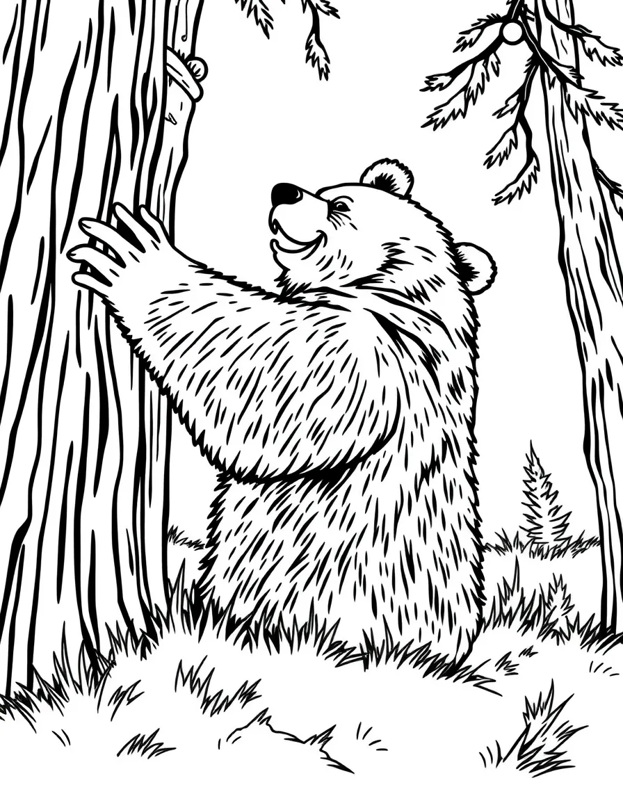 A happy grizzly bear scratching its back on a tree in Montana.
