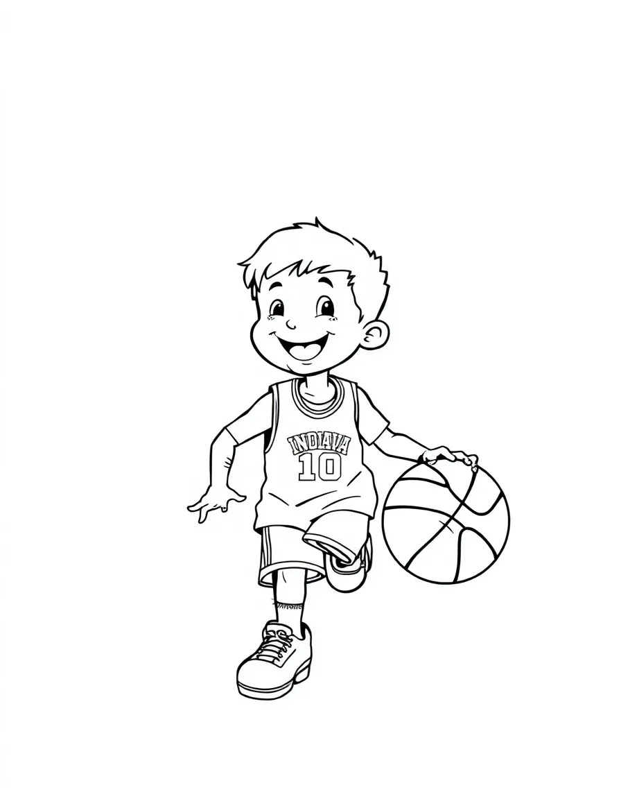 A cheerful little boy dribbling a basketball in Indiana.