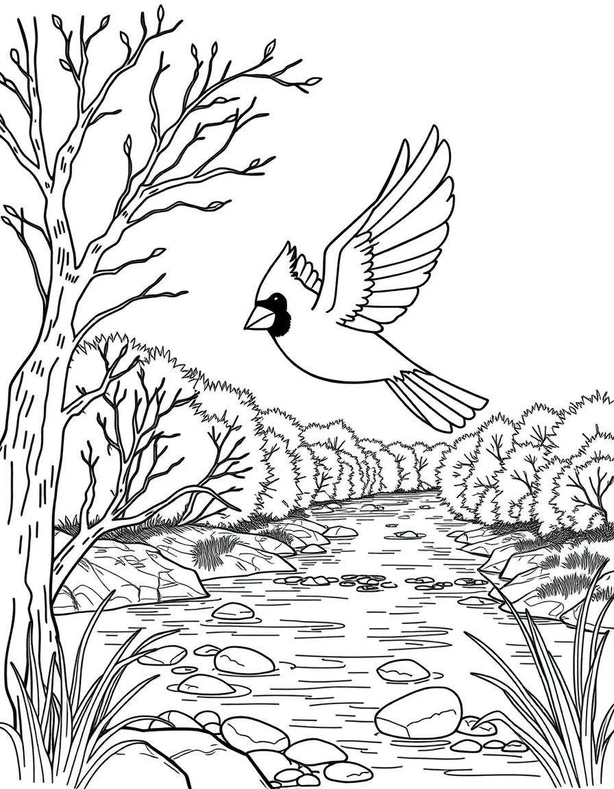A cute cardinal flying over a river in Virginia.