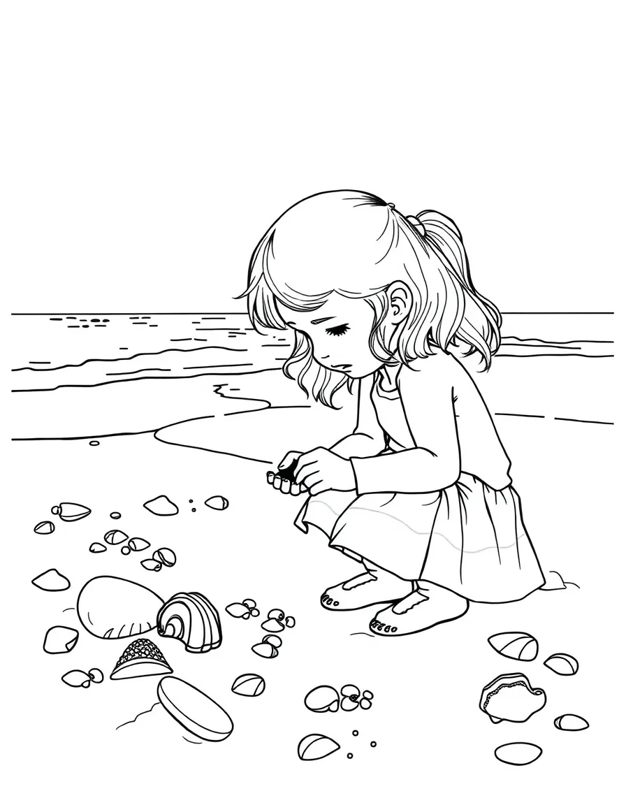 A little girl looking for shells on the beach in Delaware.