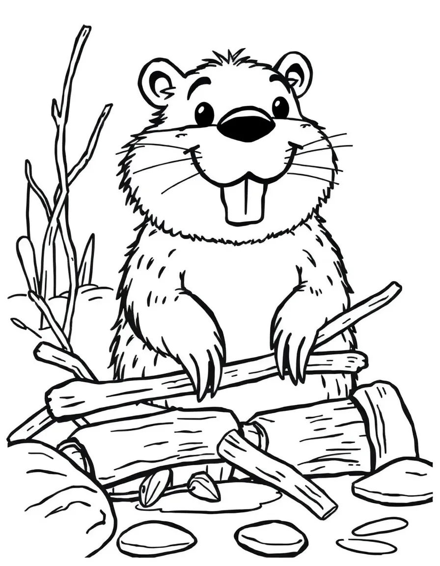 A happy beaver building a dam with sticks in Minnesota.