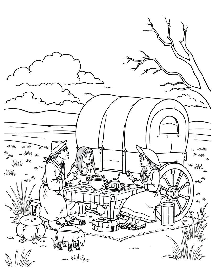 A brave pioneer family having a picnic by their wagon in Nebraska.