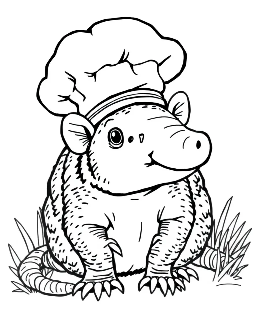 A friendly armadillo wearing a chef's hat in Texas.