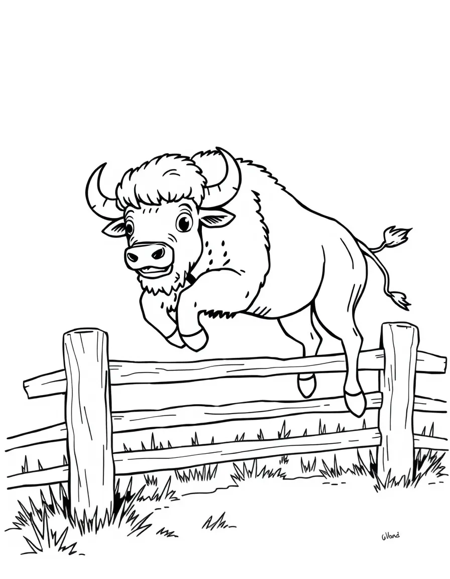 A bubbly buffalo jumping over a fence in Wyoming.