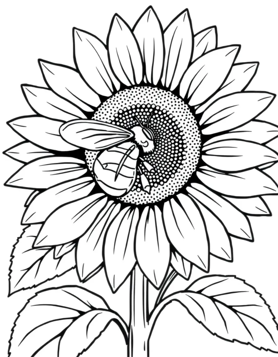 A cheerful sunflower with a bee collecting pollen in Kansas.